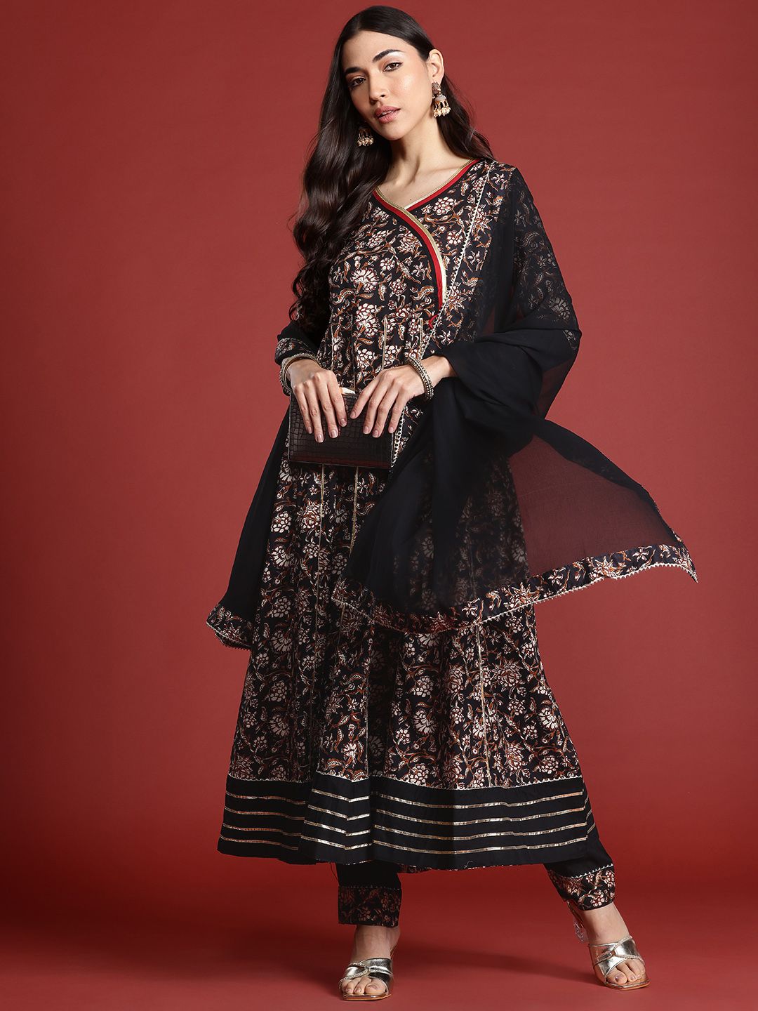 Anouk Floral Print Angrakha Gotta Patti Detail Anarkali Kurta with Trousers & Dupatta