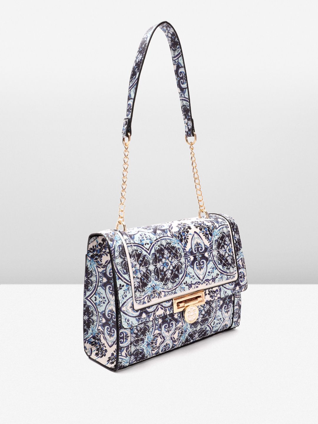Lino Perros Floral Printed Structured Shoulder Bag with Quilted Detail