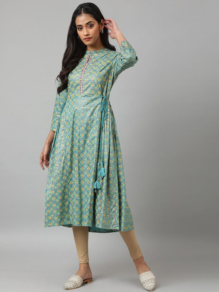 W Women Blue & Yellow Ethnic Motifs Printed Anarkali Kurta
