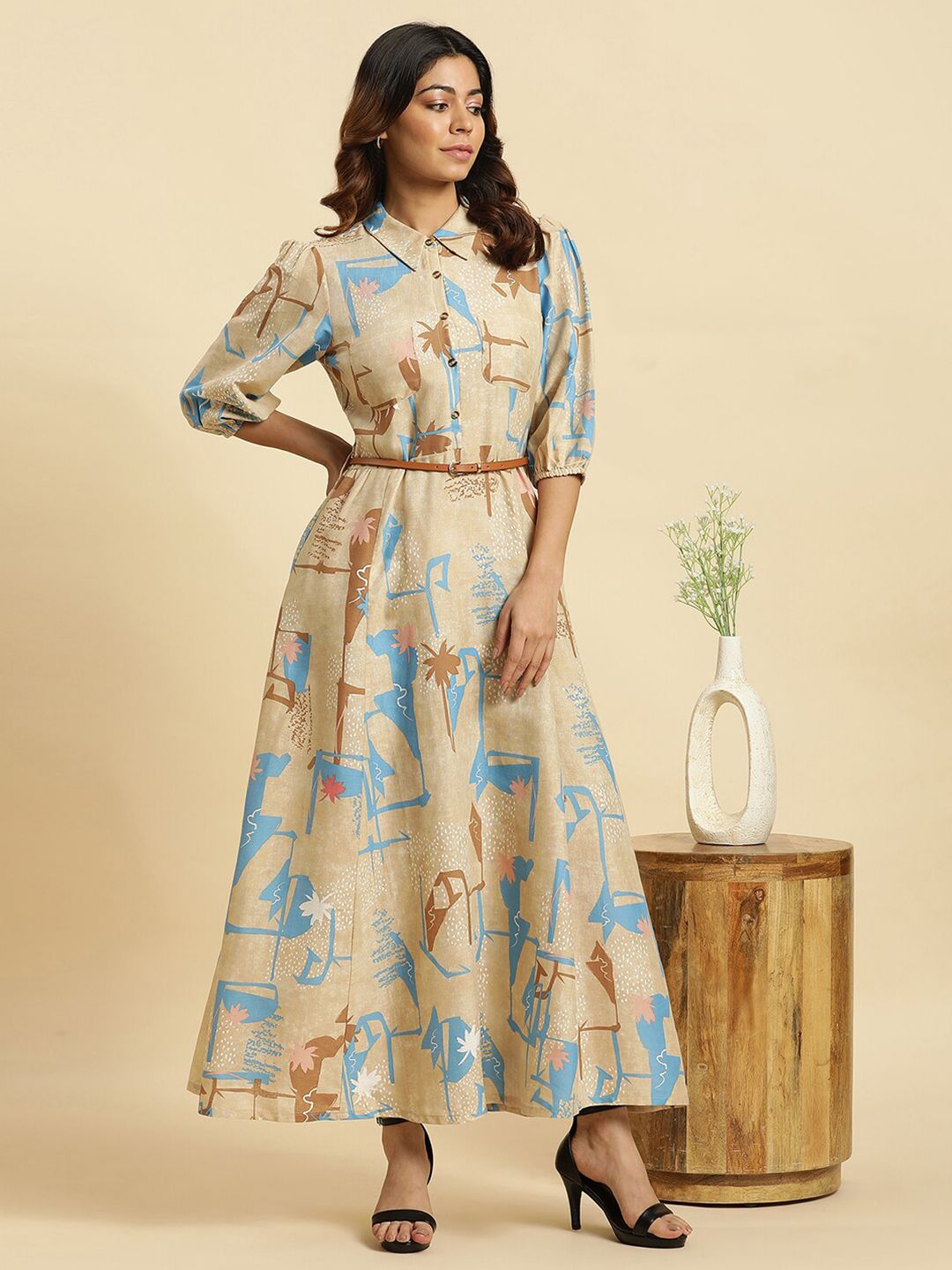 W Abstract Printed Belted Detailed Shirt Collar Puff Sleeves A-Line Maxi Dress