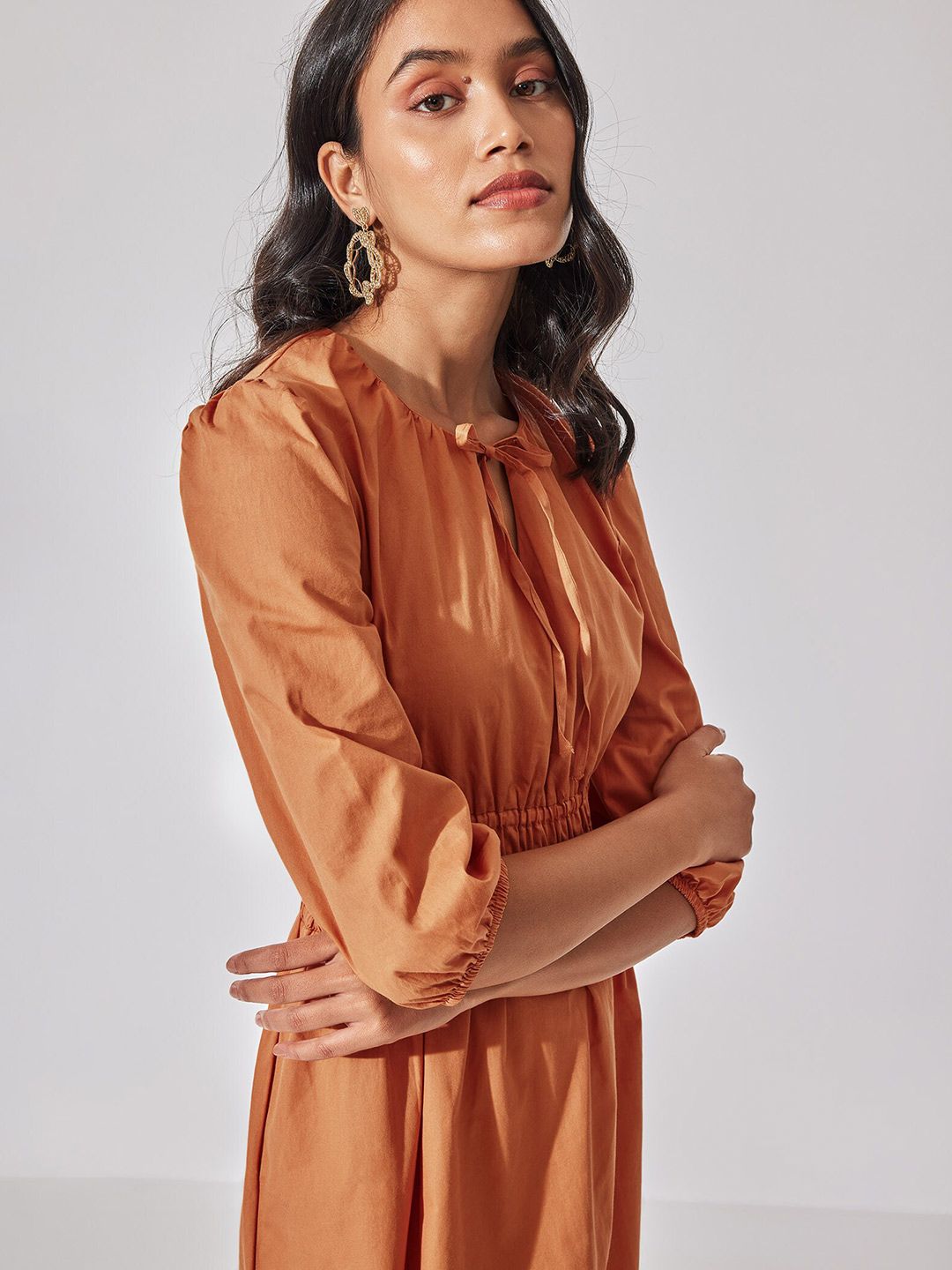 The Label Life Tie-Up Neck Smocked Fit & Flare Cotton Midi Dress