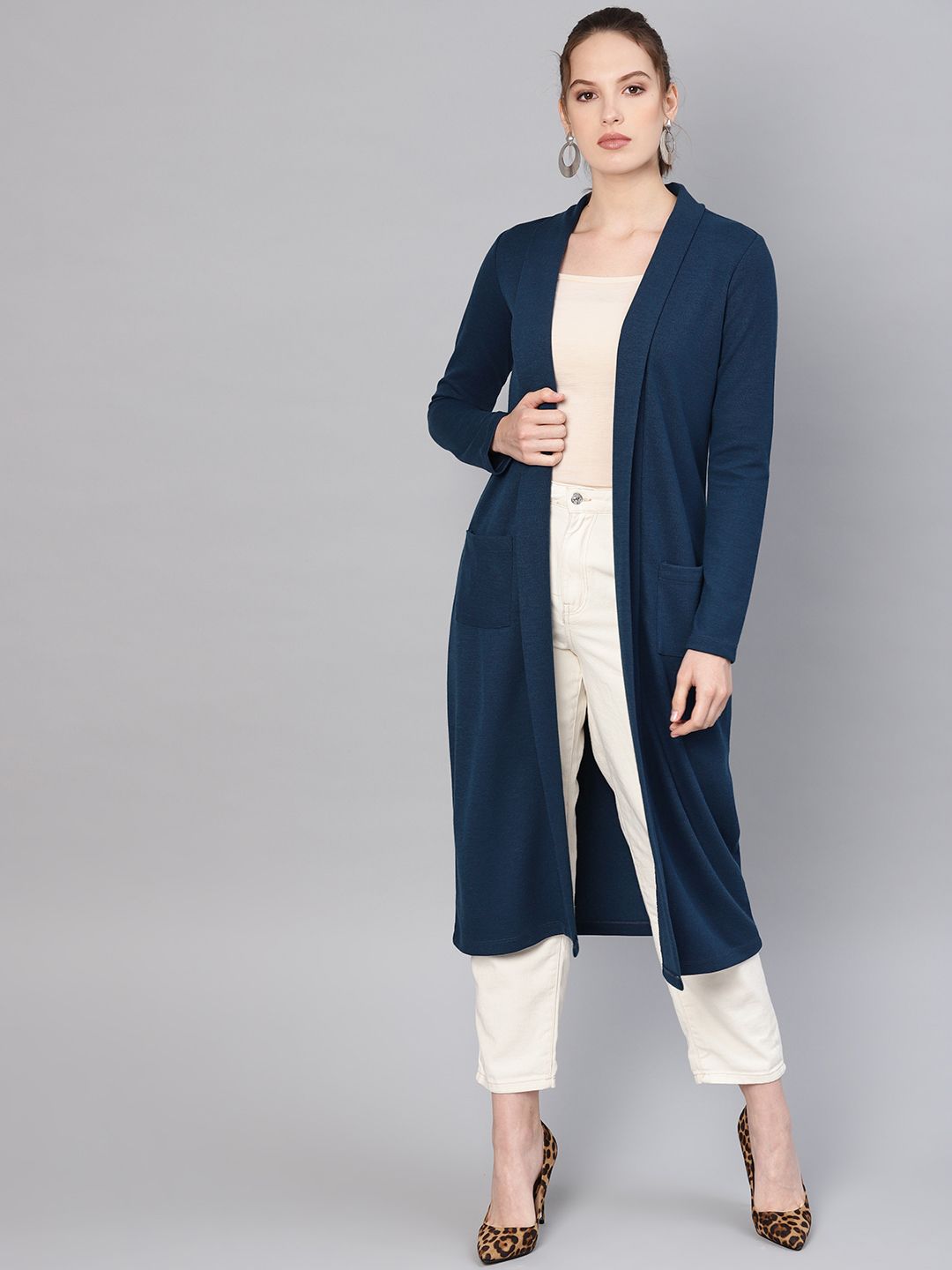 SASSAFRAS Women Teal Blue Longline Solid Open Front Winter Shrug