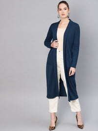 SASSAFRAS Women Teal Blue Longline Solid Open Front Winter Shrug