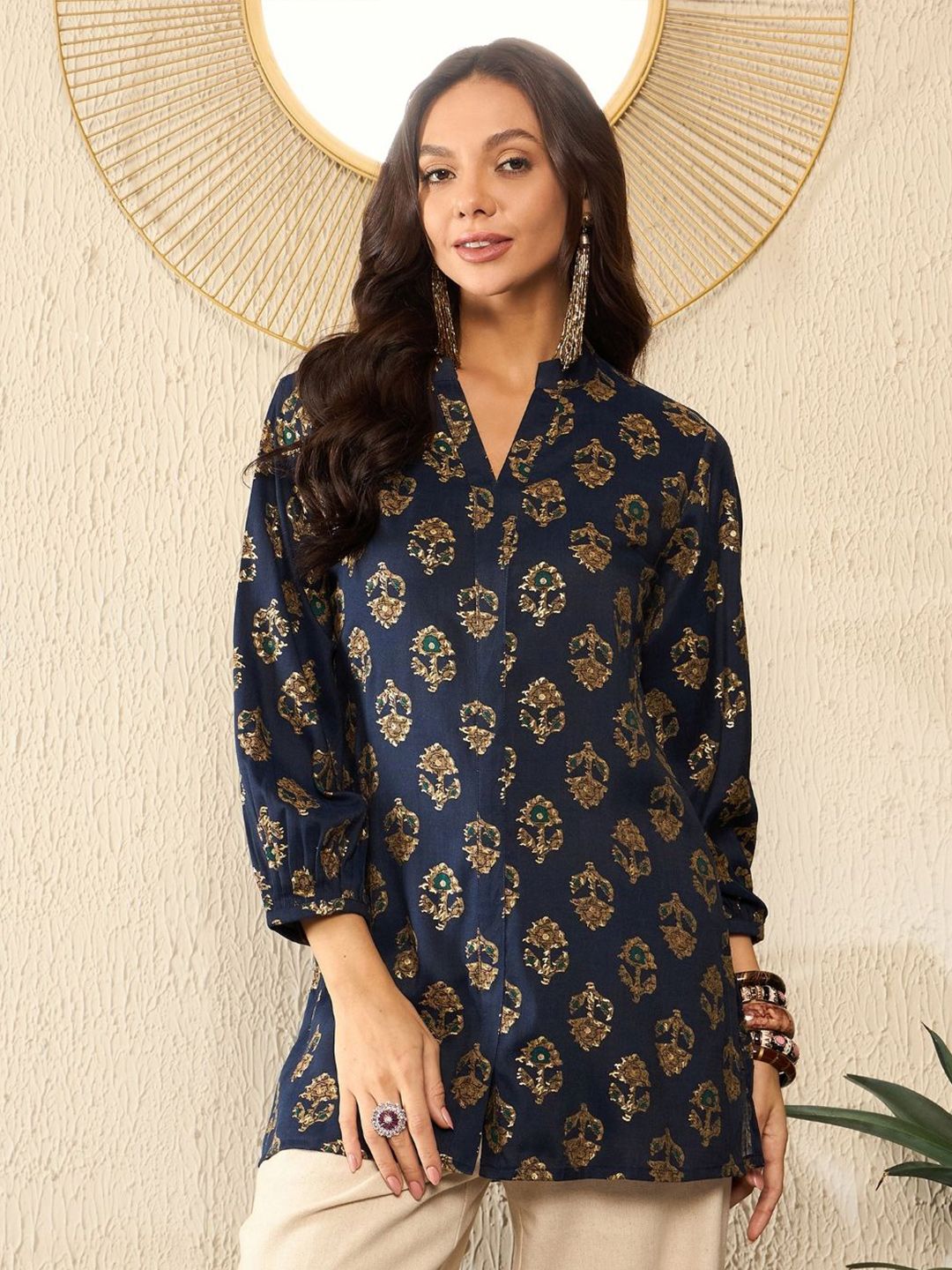 KALINI Women Floral Printed Mandarin Collar Top