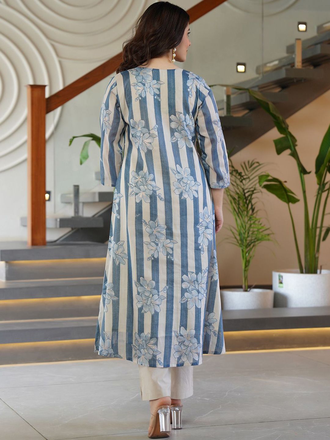 Indo Era Floral Printed Round Neck A-Line Pure Cotton Kurta With Trousers