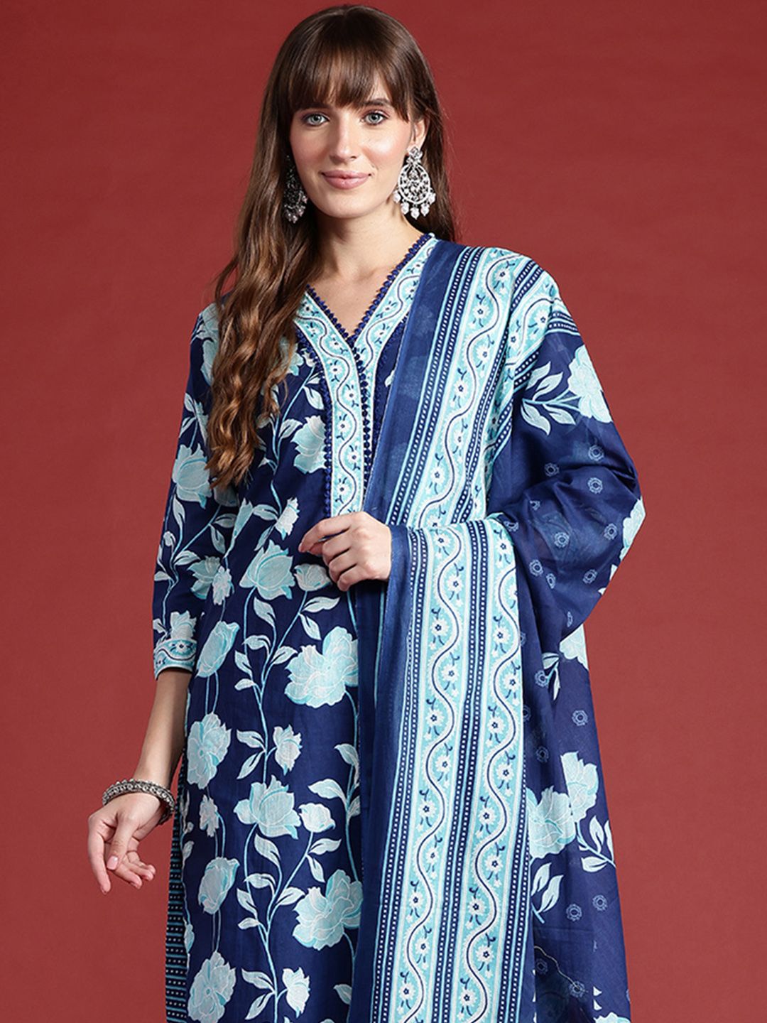 Indo Era Floral Printed Pure Cotton Kurta With Trousers & Dupatta
