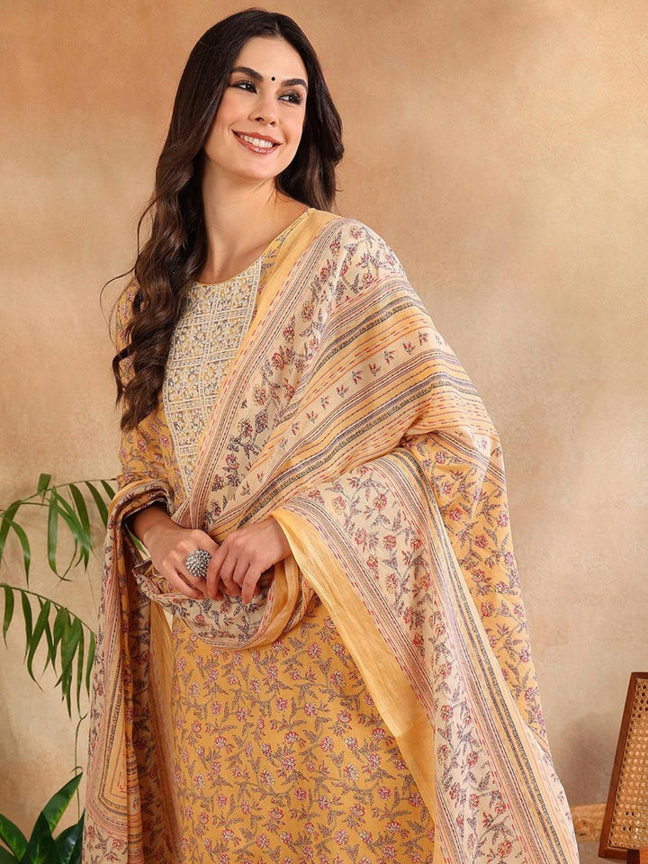 KALINI Floral Printed Regular Thread Work Straight Kurta with Trousers & Dupatta