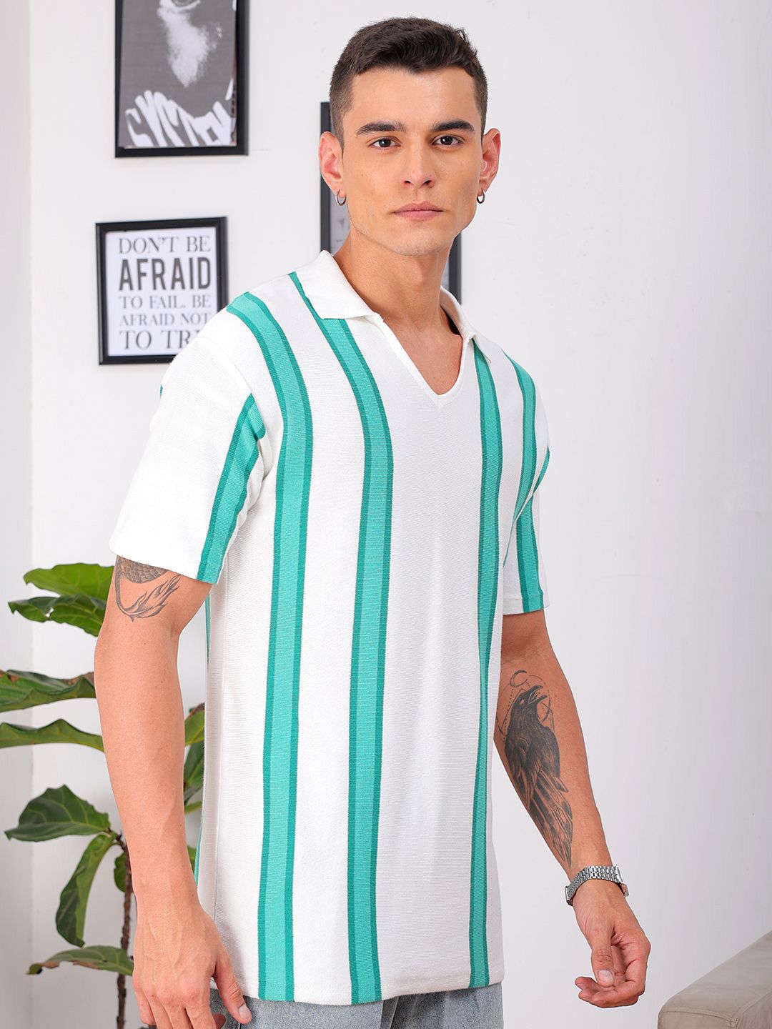 The Indian Garage Co Men Relaxed Fit Striped Flat Knit Polo Resortwear Shirt