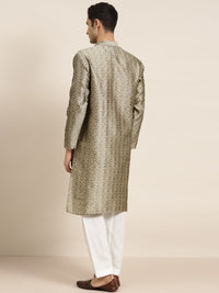 SOJANYA Men Beige Woven Design Jacquard Silk Straight Kurta