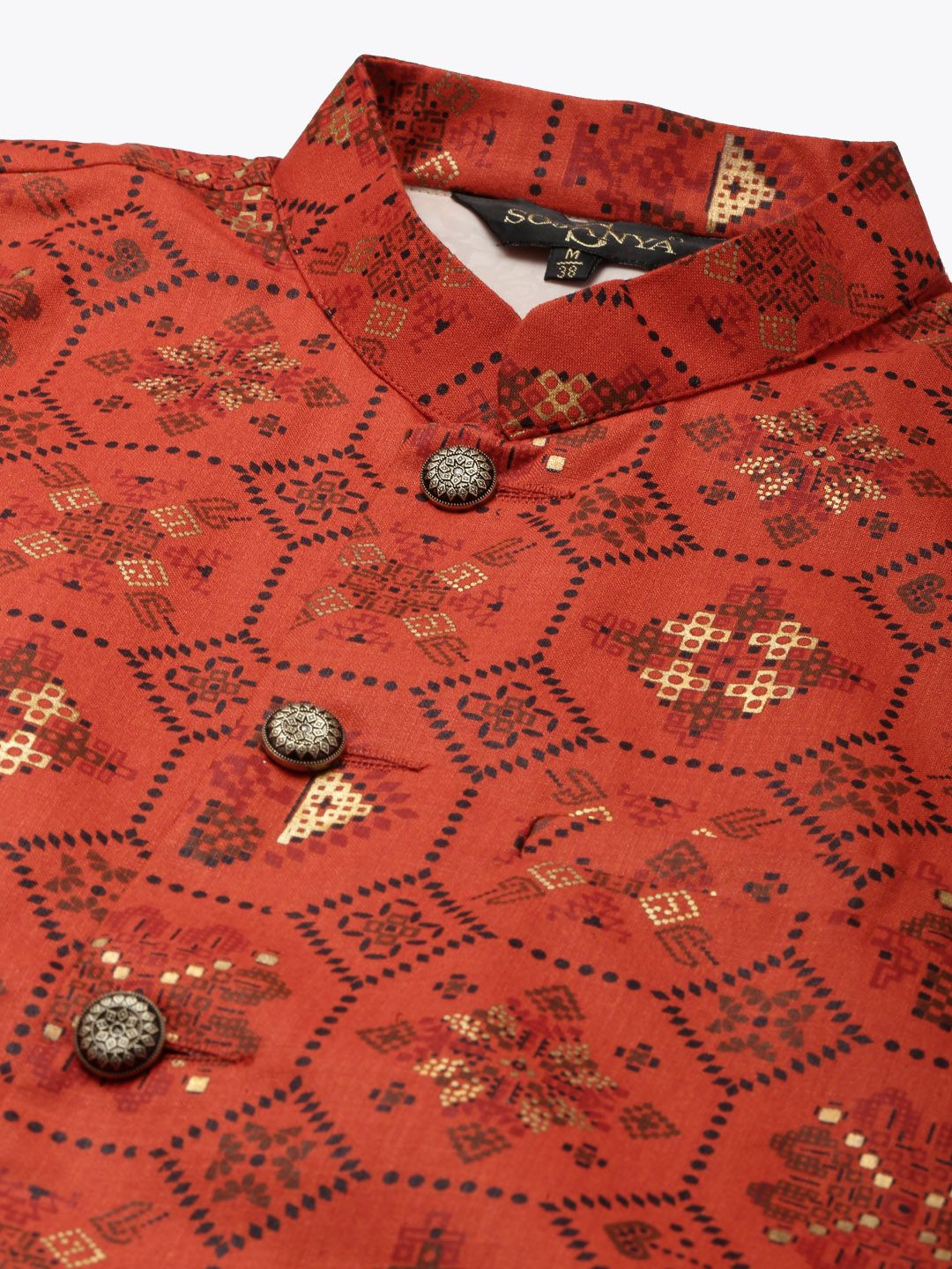 Sojanya Motif Etnik Orange Kurta dengan Piyama & Nehru Jacket