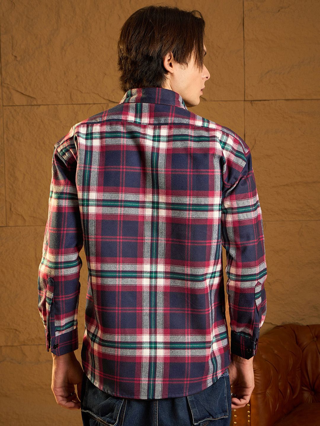 DENNISON Men Double Pocket Drop Shoulder Oversized Cotton Checked Shacket
