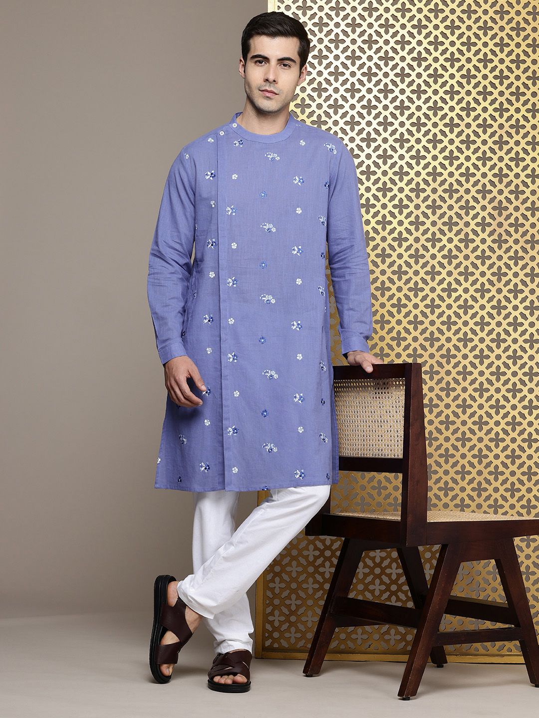 House of Pataudi Floral Embroidered Band Collar Pure Cotton Jashn Kurta