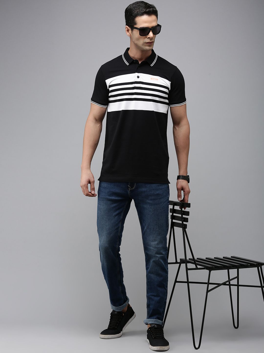 SPYKAR Men Pure Cotton Striped Polo Collar Slim Fit T-shirt