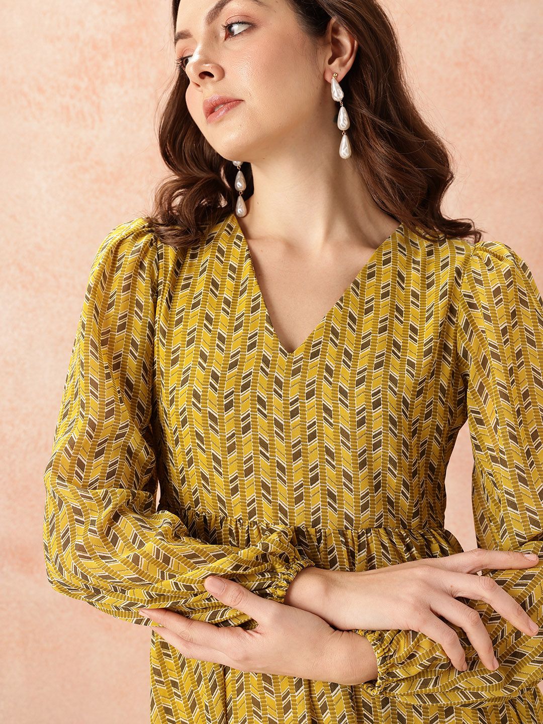 all about you Geometric Print Puff Sleeve Fit & Flare Midi Dress