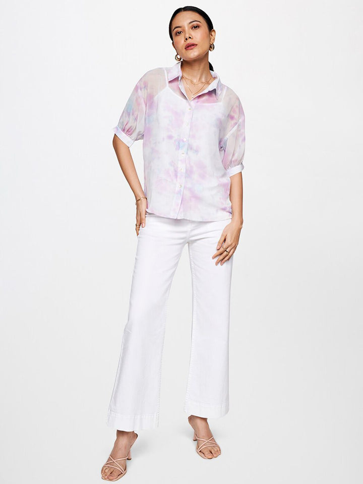 AND Print Semi-Sheer Cuffed Sleeves Shirt Style Top