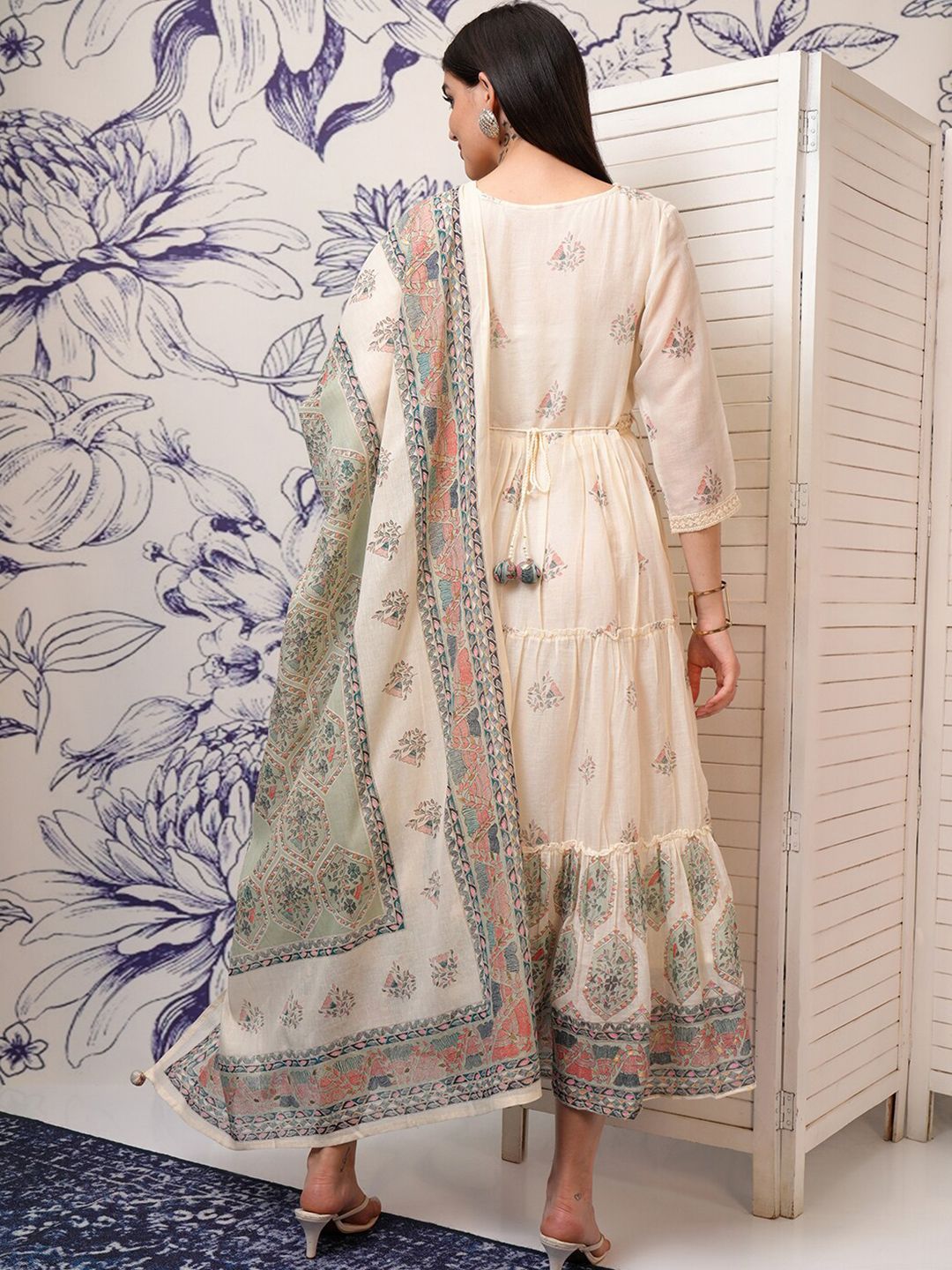 Vishudh White Printed Gathered Midi Fit & Flare Ethnic Dresses With Dupatta & Belt