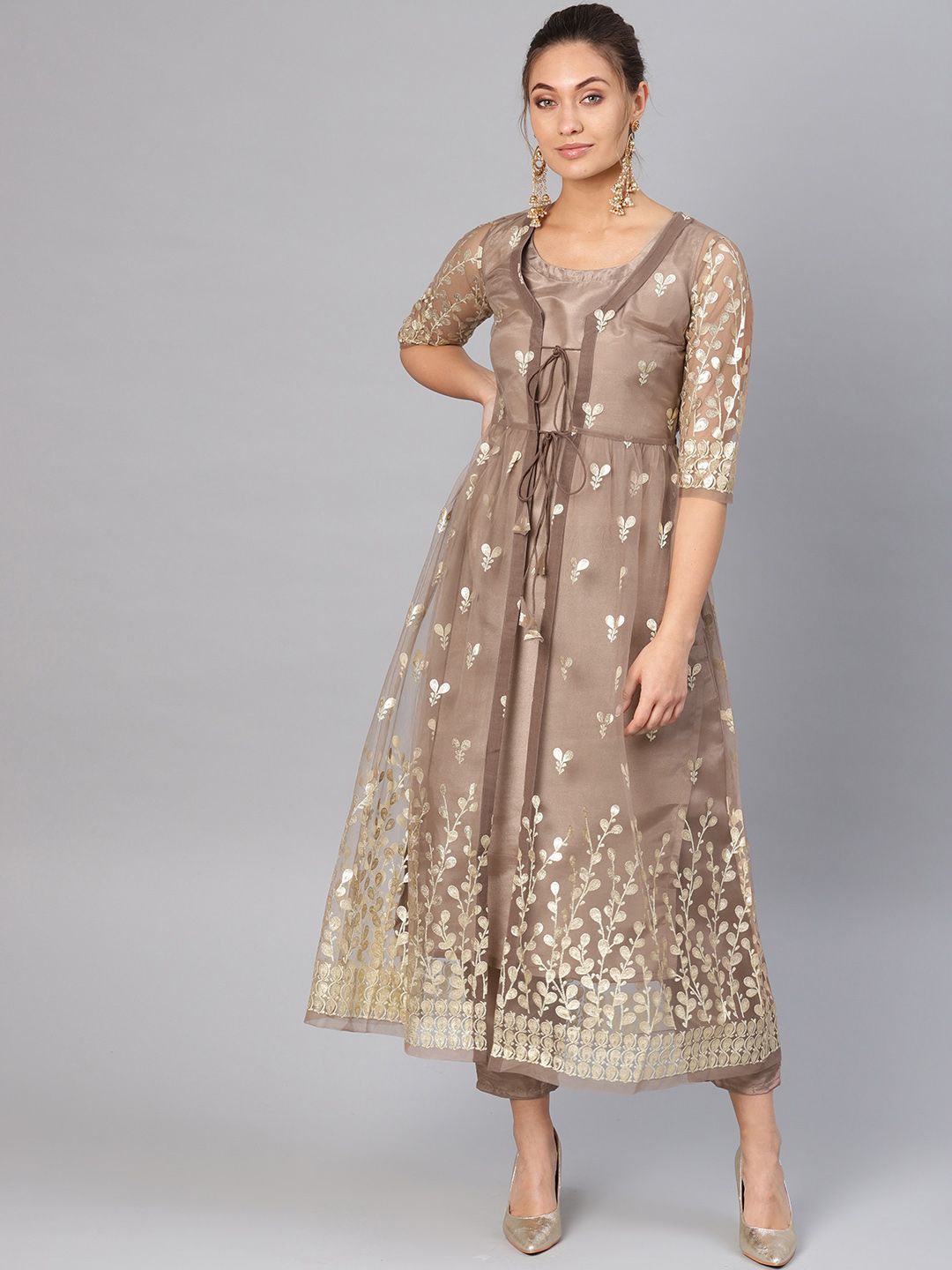 Libas Women Brown & Golden Self design Kurta with Trousers