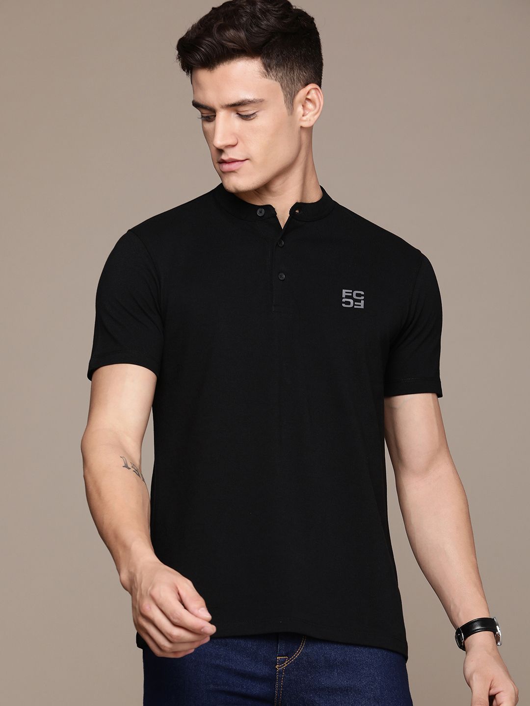 French Connection Brand Logo Henley Neck Pure Cotton Applique T-shirt