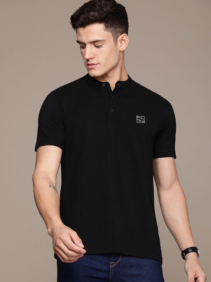 French Connection Brand Logo Henley Neck Pure Cotton Applique T-shirt