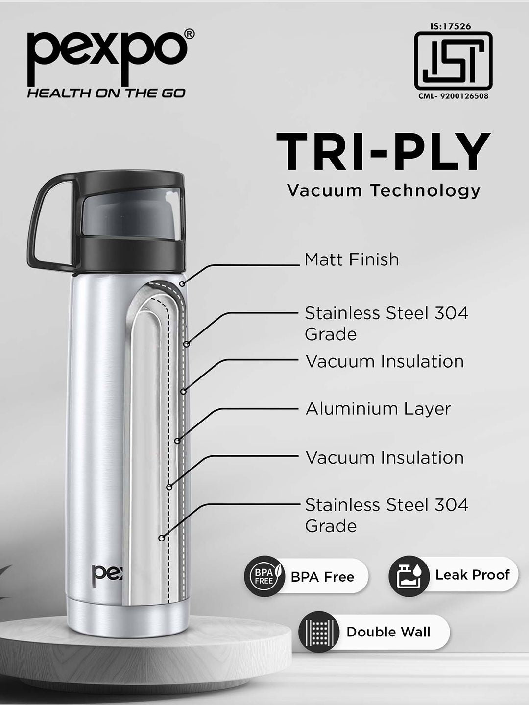 Pexpo Fererro Silver-Toned Printed ISI Certified Thermosteel Flask Water Bottle 500ml