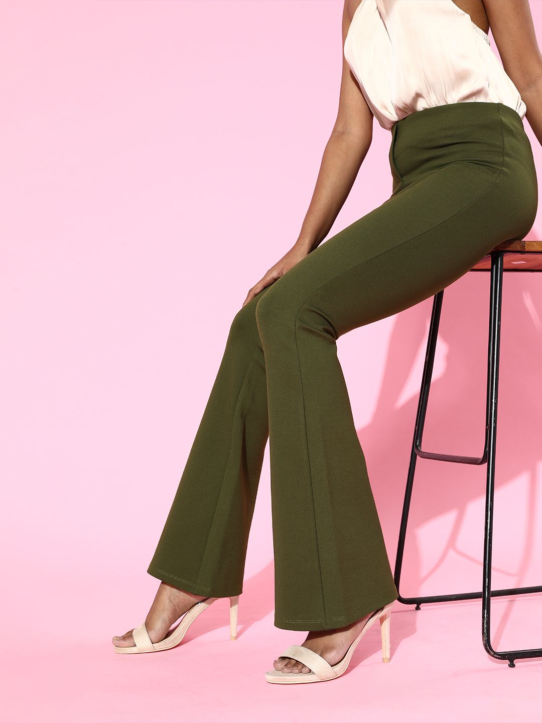 SASSAFRAS Women Olive Green High-Rise Graduated Flare Trousers