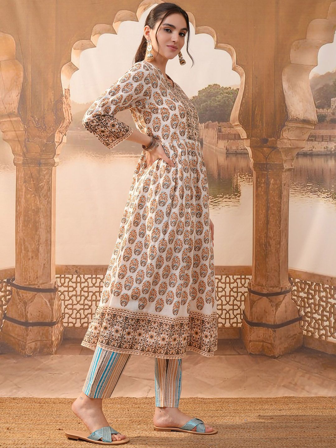 Vishudh Brown Ethnic Motifs Printed Pure Cotton Anarkali Kurta With Trousers & Dupatta