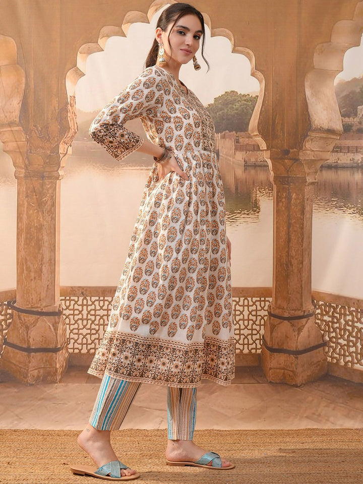Vishudh Brown Ethnic Motifs Printed Pure Cotton Anarkali Kurta With Trousers & Dupatta