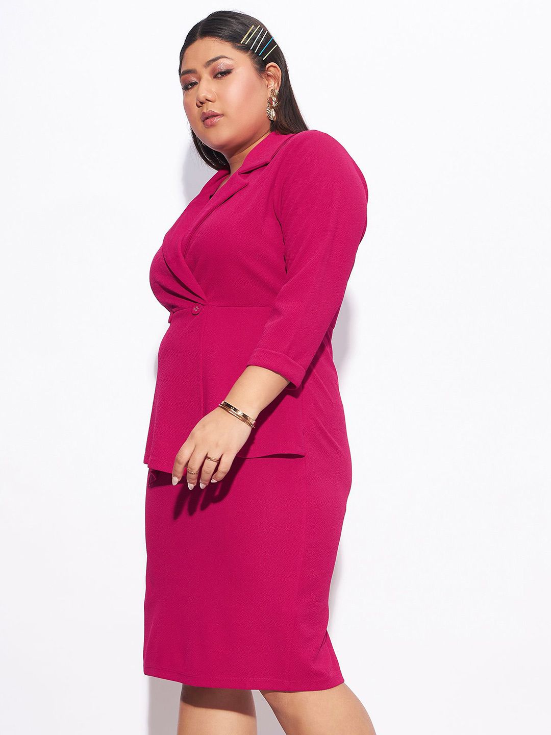 SASSAFRAS Curve Plus Size Fuchsia Shirt Collar Blazer Dress