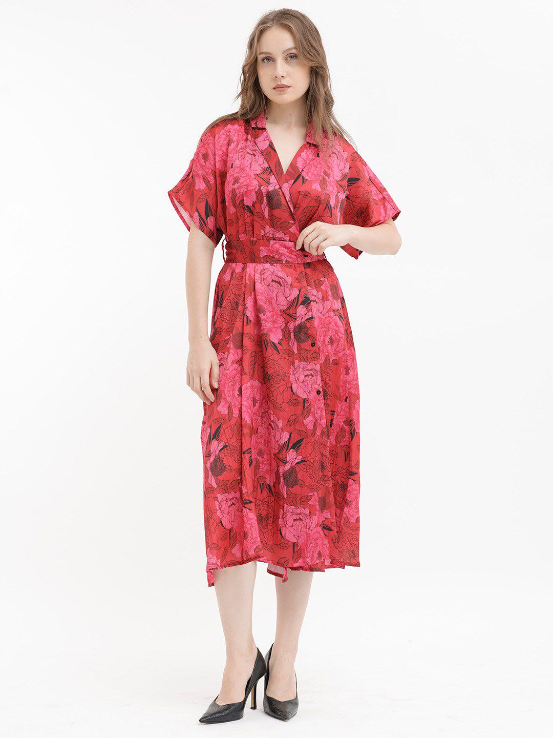 RAREISM Floral Print V-Neck Fit & Flare Midi Dress
