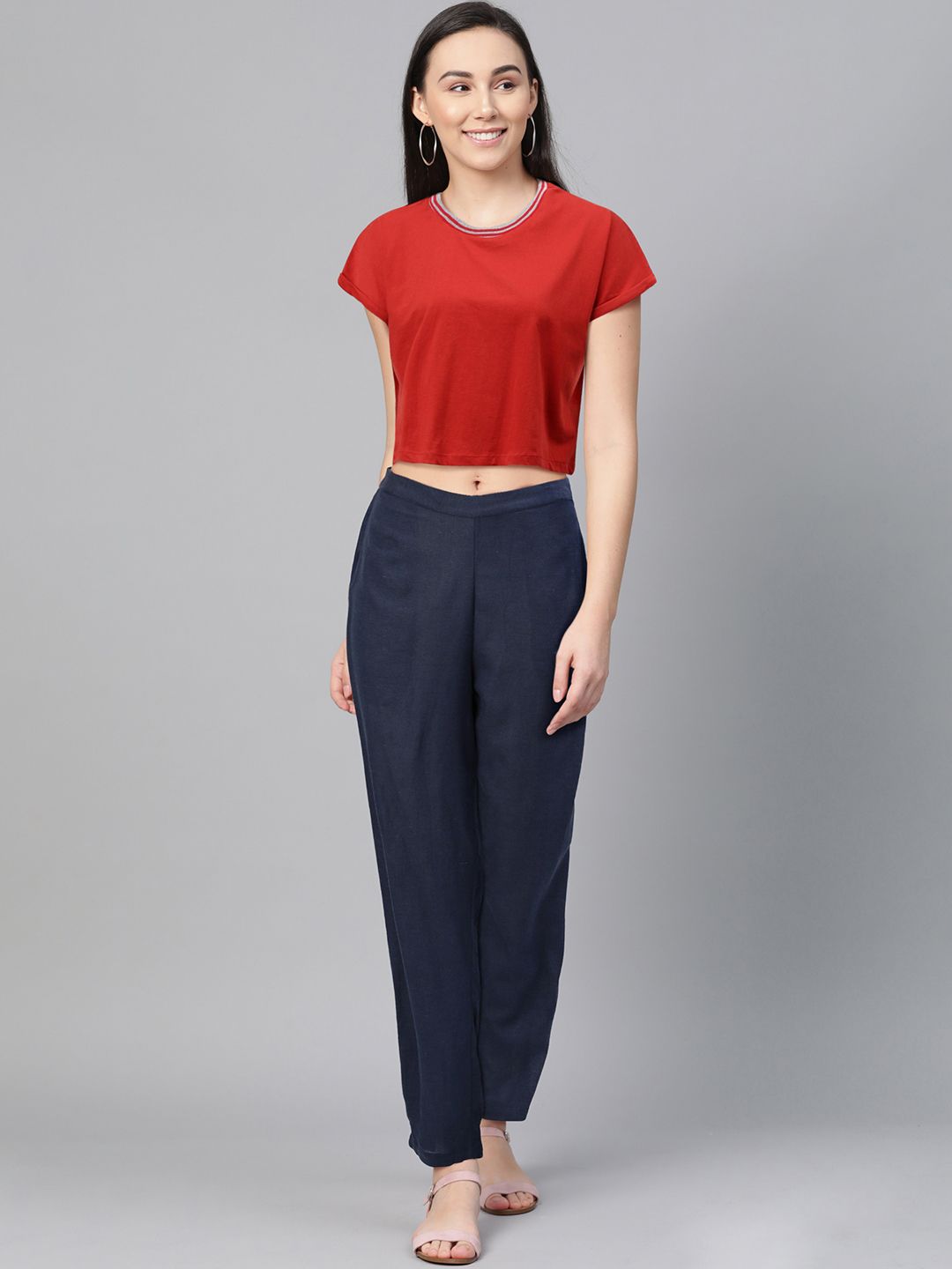 Global Desi Women Navy Blue Regular Fit Solid Regular Trousers