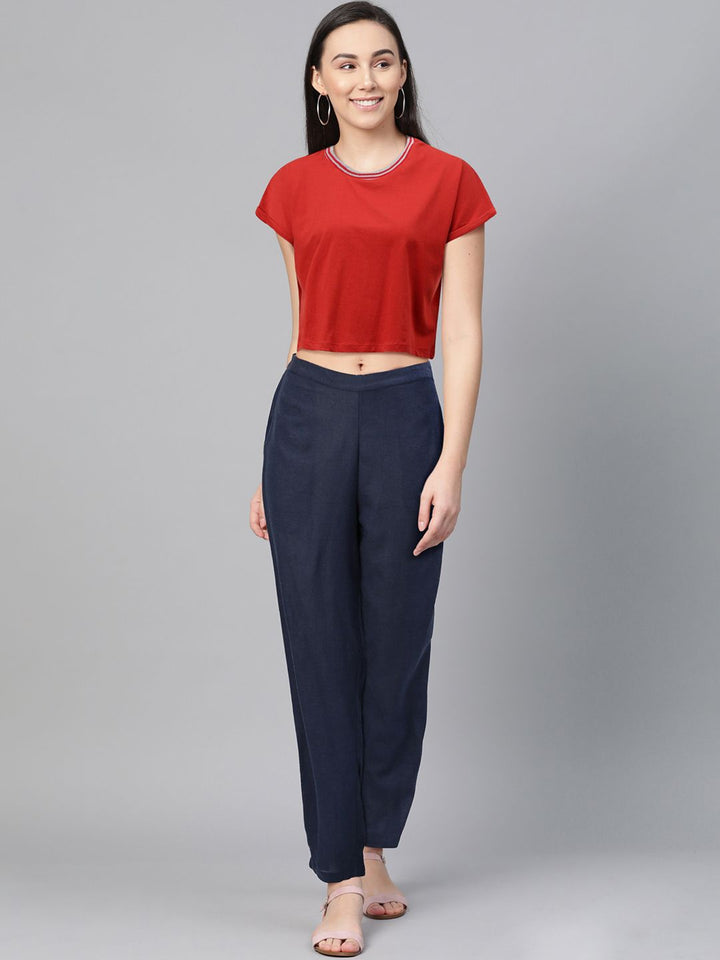 Global Desi Women Navy Blue Regular Fit Solid Regular Trousers