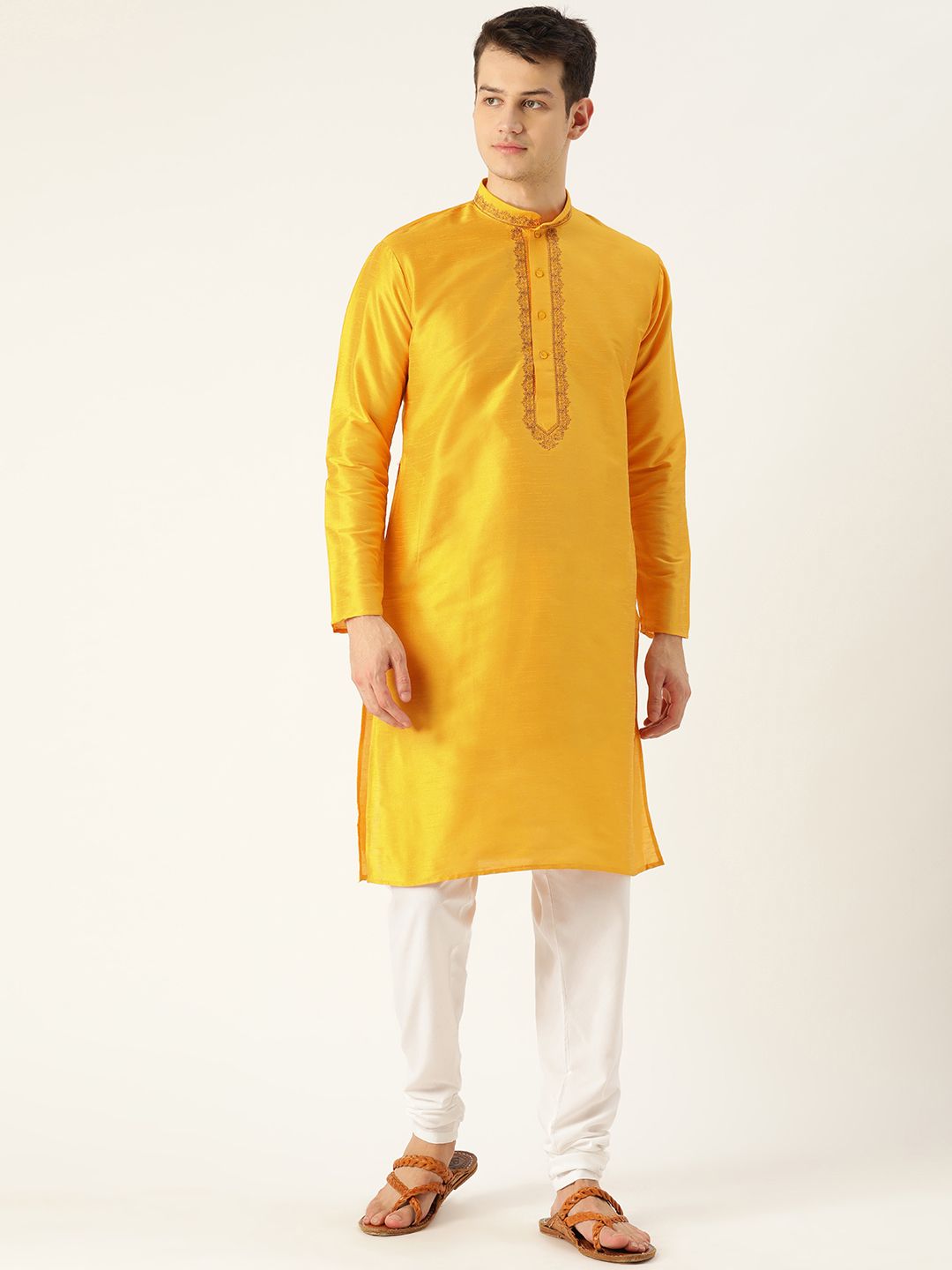 SOJANYA Men Yellow Yoke Design Straight Kurta
