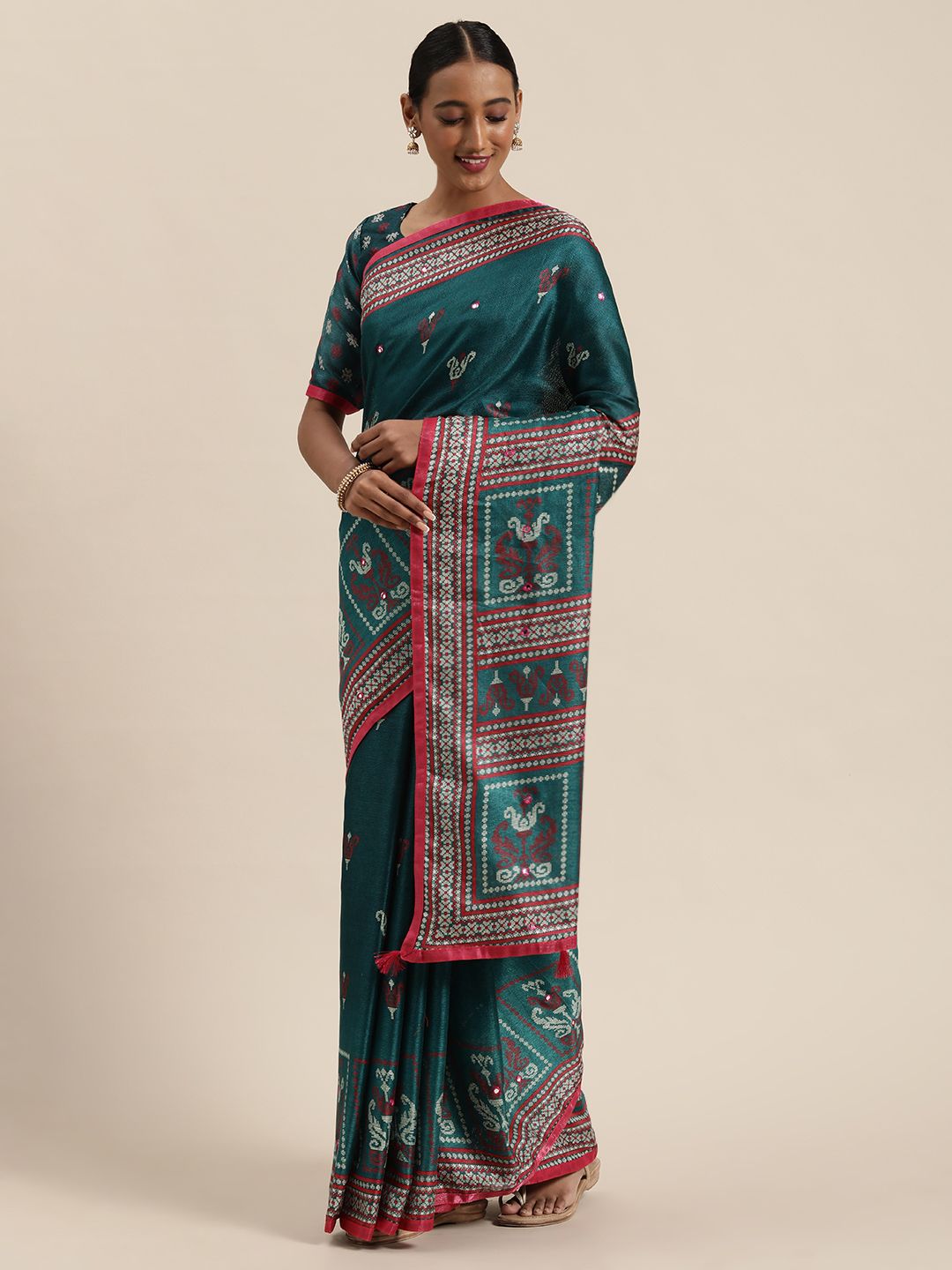 Saree mall Teal Blue & Red Jute Silk Printed Block Print Saree