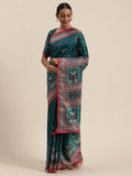 Saree mall Teal Blue & Red Jute Silk Printed Block Print Saree