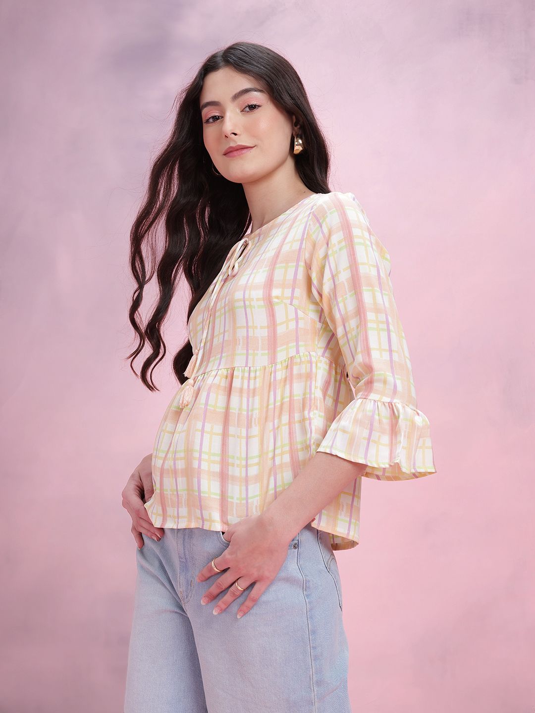 DressBerry Checked Tie-Up Neck Bell Sleeve Top