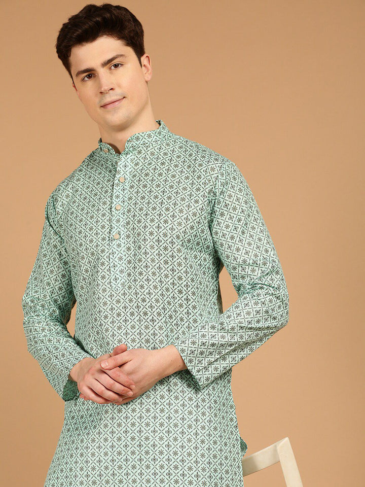 SOJANYA Motif Etnik Hijau Laut Bercetak Kurta Biasa Dengan Churidar