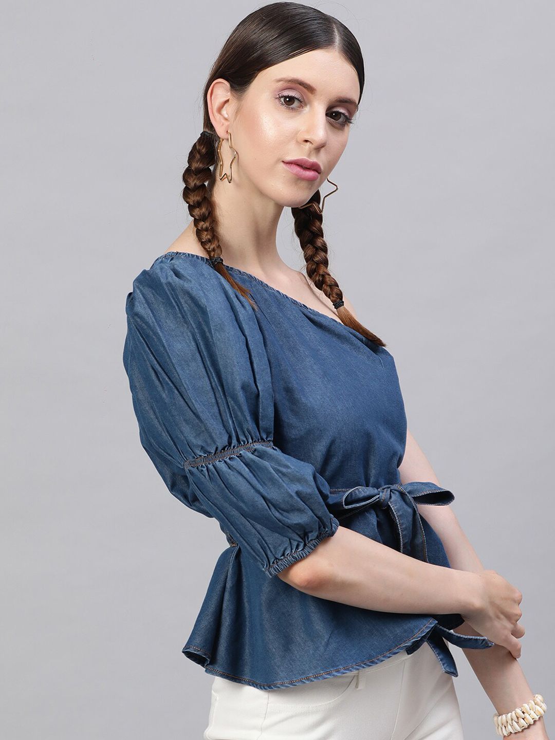 STREET 9 Navy Blue Solid One Shoulder Indigo Pure Cotton Denim Regular Top with Belt