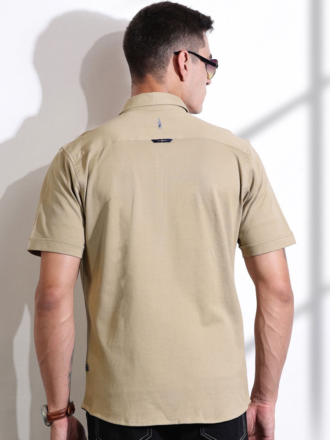Thomas Scott Men Classic Fit Spread Collar Solid Cotton Knitted Shirt