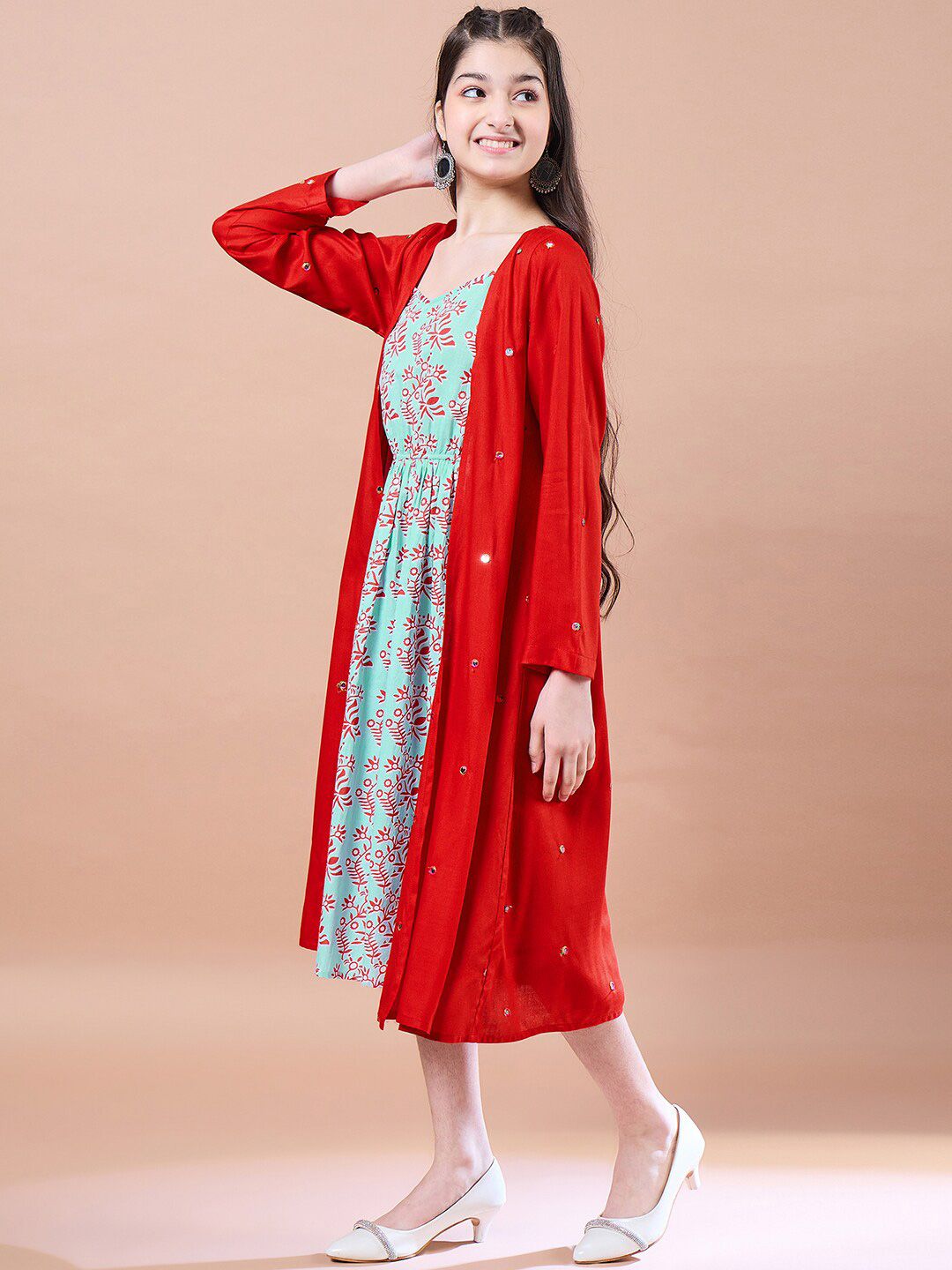 pspeaches Girls Ethnic Motifs Print Cotton Round Neck A-Line Midi Dress With Shrug