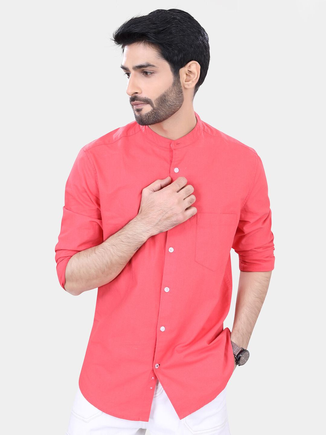 VASTRADO Classic Band Collar Long Sleeves Slim Fit Casual Shirt