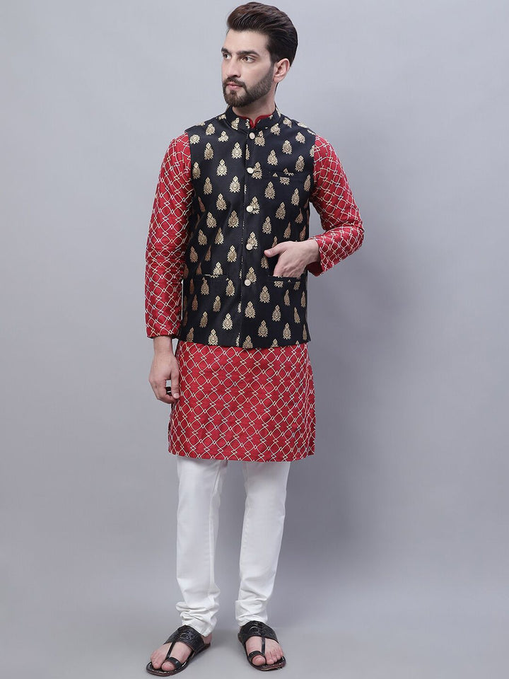 SOJANYA Embroidered Straight Kurta With Churidar And Nehru Jacket