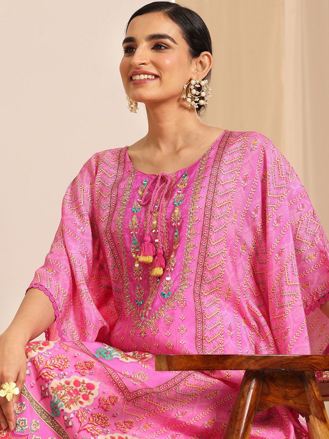 Libas Ethnic Motifs Printed Panelled Mirror Work Tie-Up Neck Kaftan Kurta With Salwar