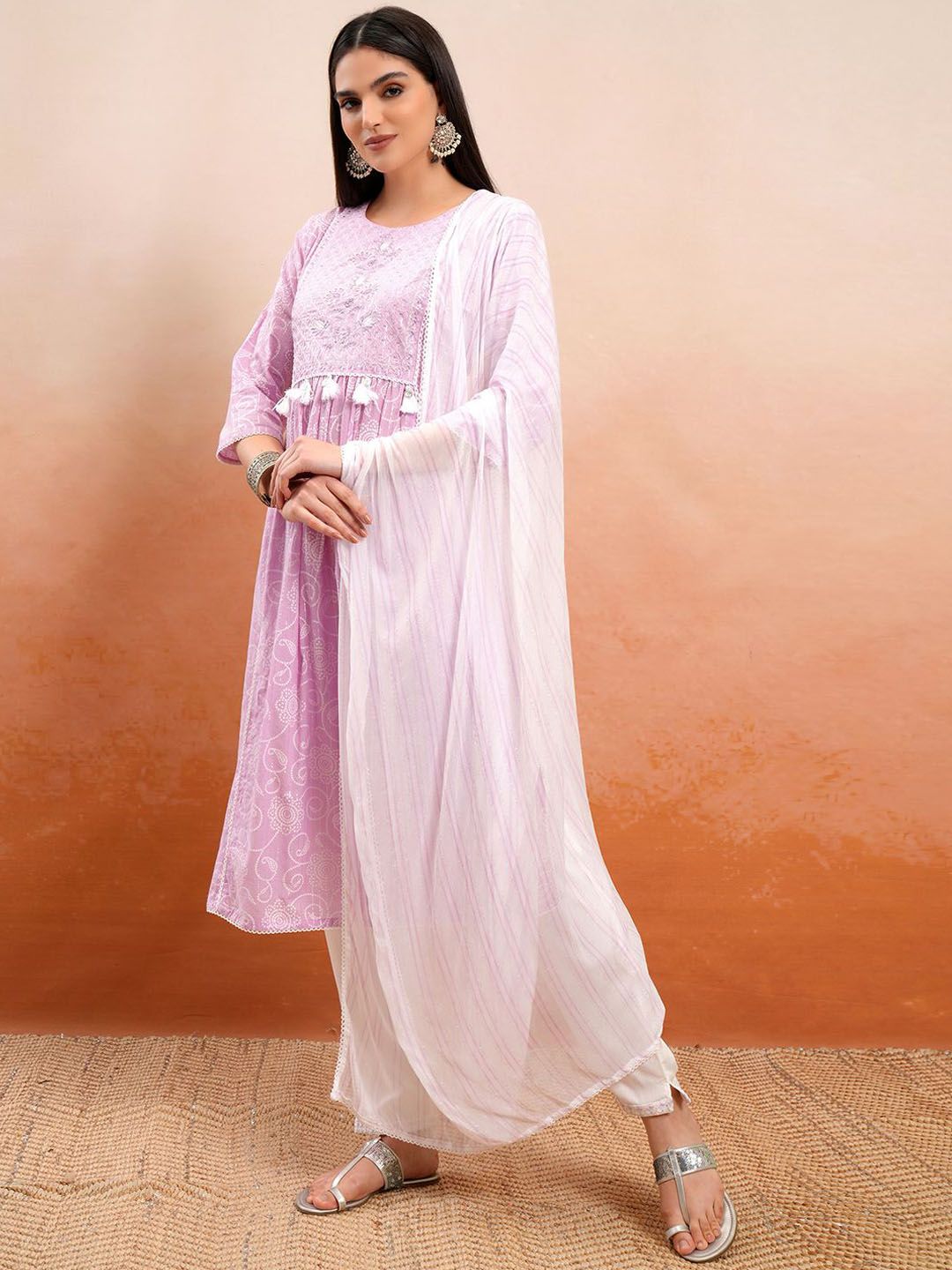 Vishudh Ethnic Motifs Printed Sequinned Pure Cotton A Line Kurta & Trousers With Dupatta