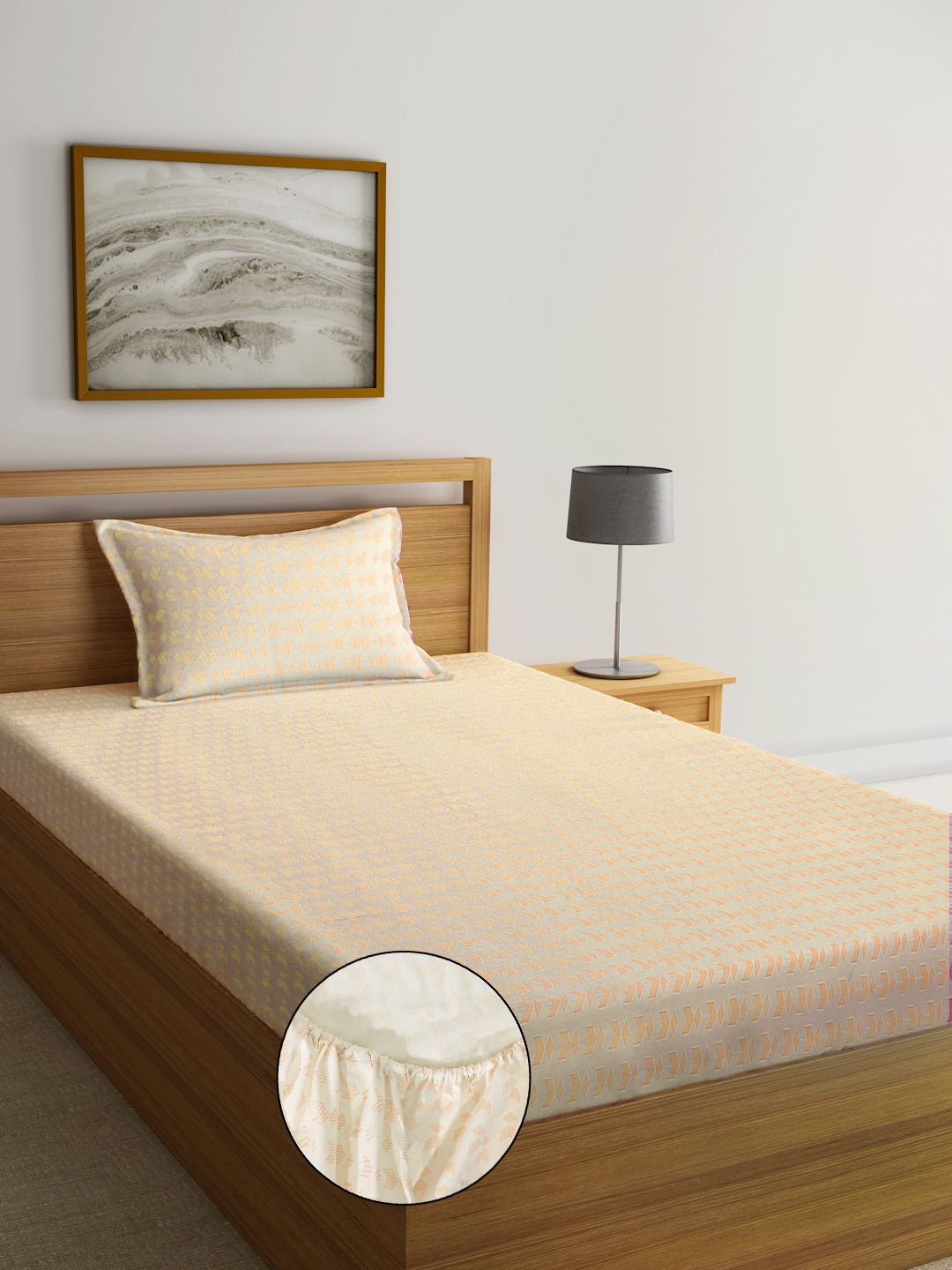 Myntra Elegant Homes Orange Geometric 300 TC Single Bedsheet with 1 Pillow Covers