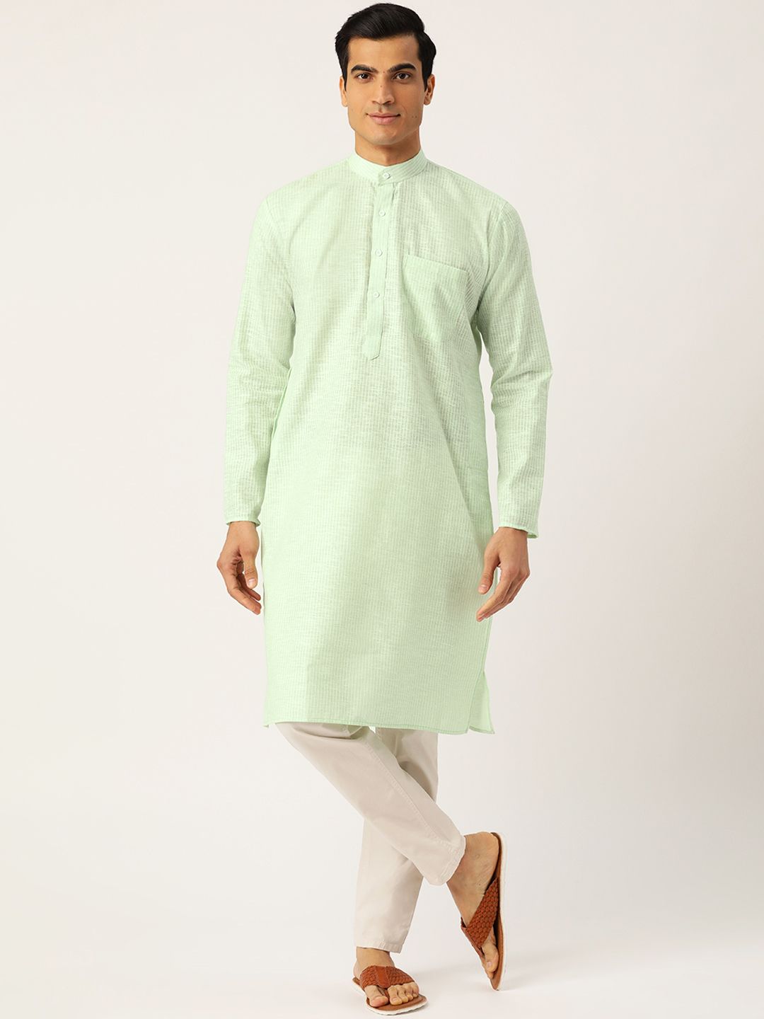 SOJANYA Men Green & White Striped Straight Kurta