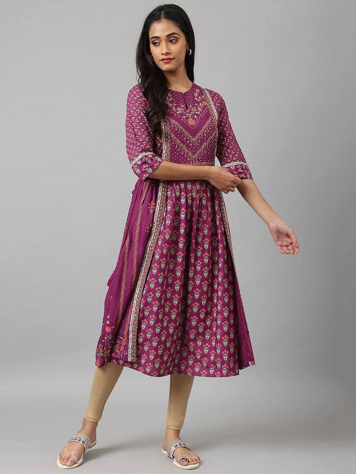 W Purple & Pink Floral Keyhole Neck Ethnic A-Line Midi Dress