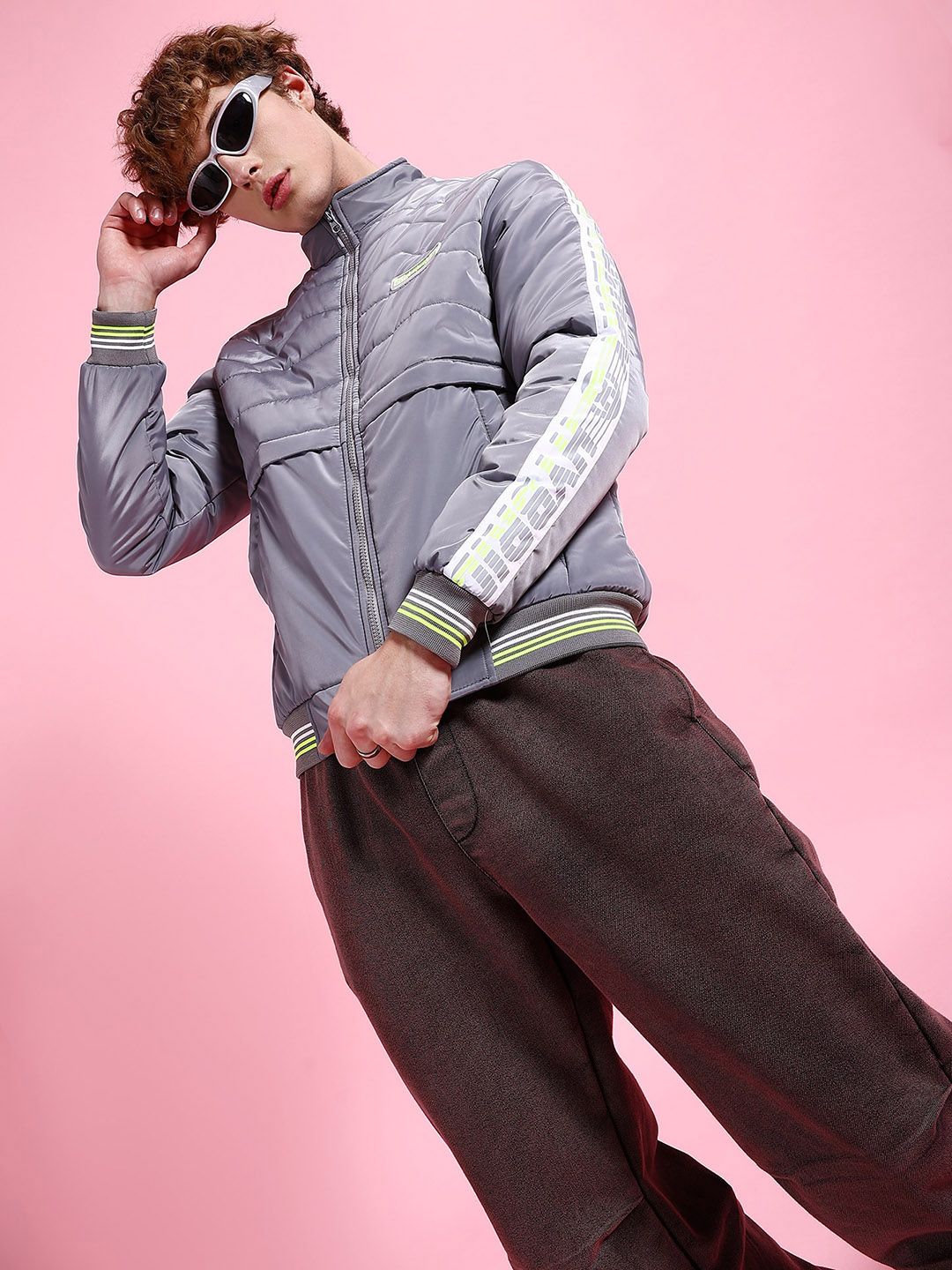 The Indian Garage Co Grey Striped Stand Collar Padded Jacket