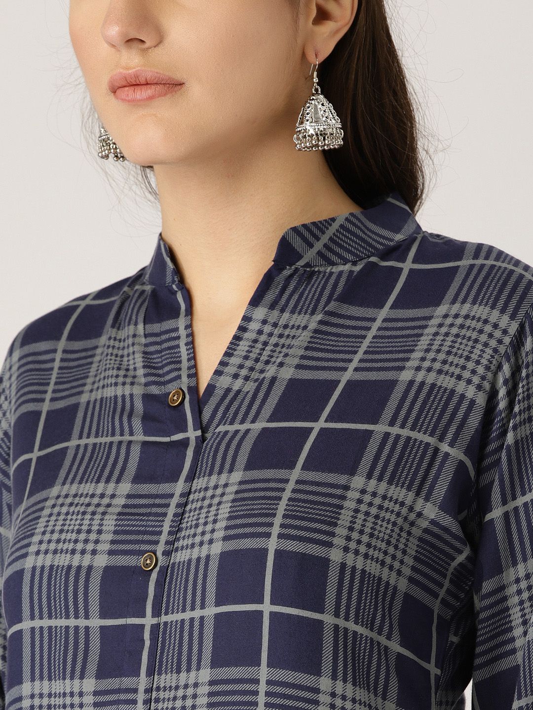 Libas Women Purple & Grey Checked Straight Kurta