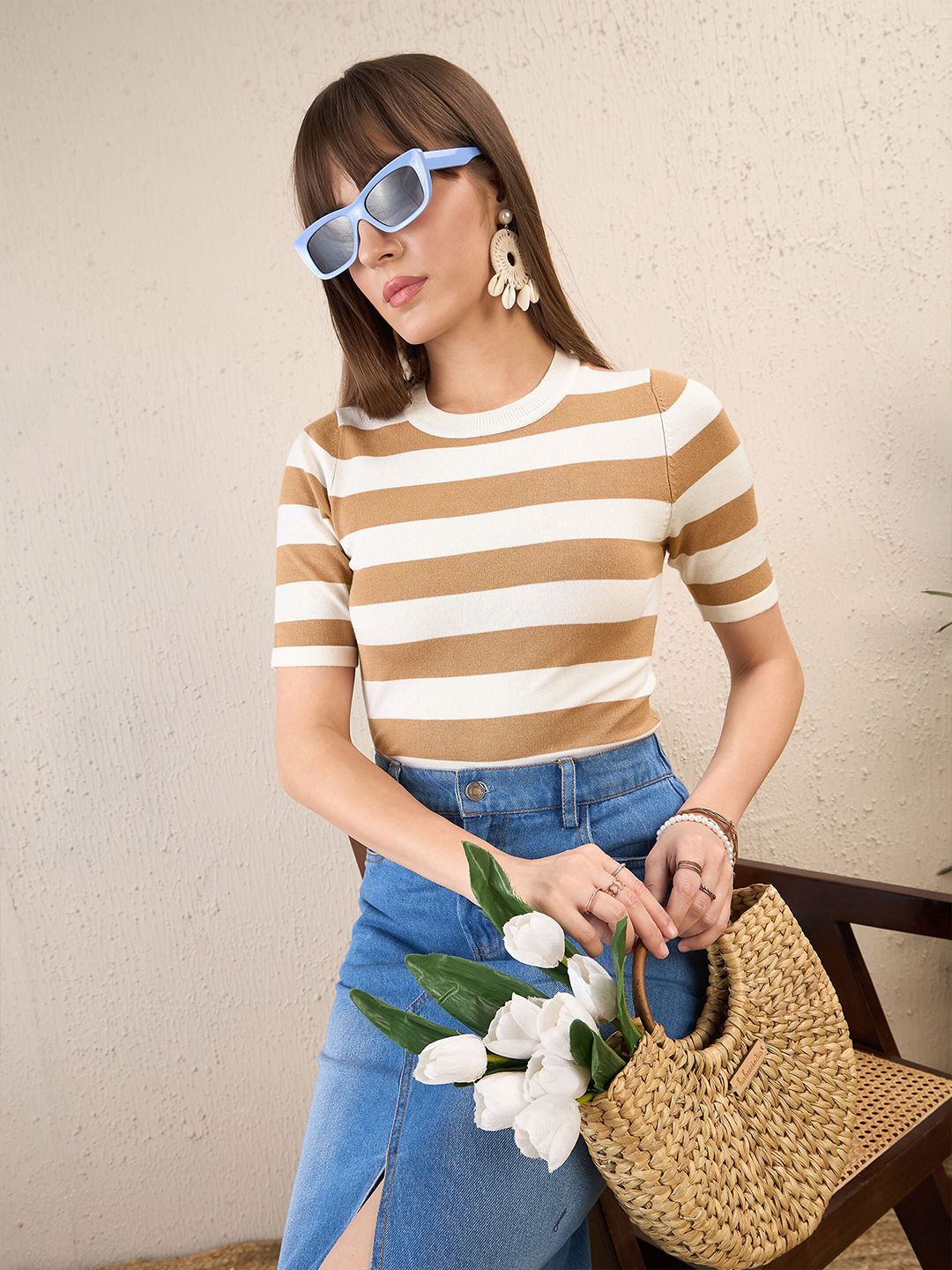 SASSAFRAS Striped Round Neck Crochet Crop Top