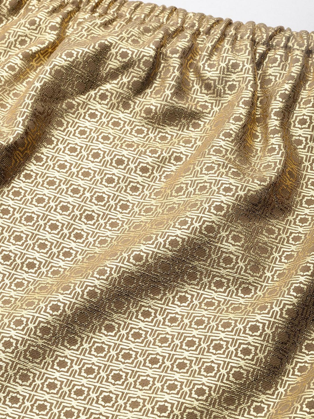 Global Desi Women Beige & Gold-Toned Printed Cropped Bardot Top